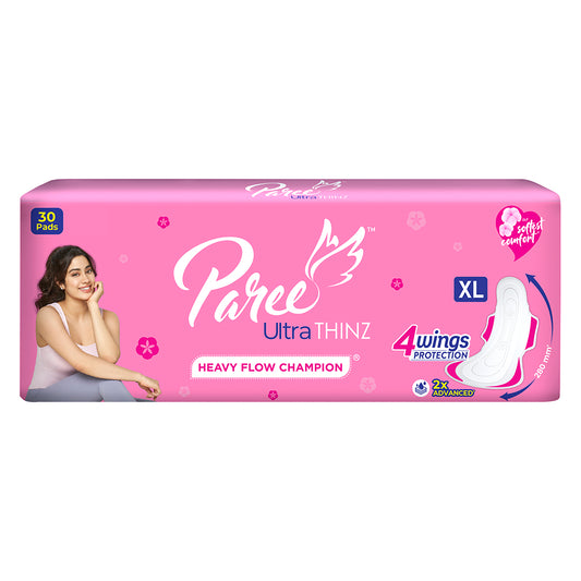 Paree Ultra Thinz XL 30 Soft Pads | 2X Advanced Absorption | Soft & Rash-Free Comfort | 4 Wings for Extra Coverage | Heavy Flow Champion Sanitary Pads for Women | Disposable  Wrapper