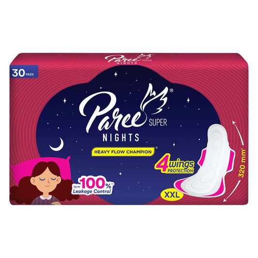 Paree Super Nights XXL 30 Soft Pads|Upto 100% All-Night Leakage Protection|Heavy Flow Champion|4 Wings Wider Back Coverage For No Stains|Sanitary Pads For Women with Disposable Wrapper