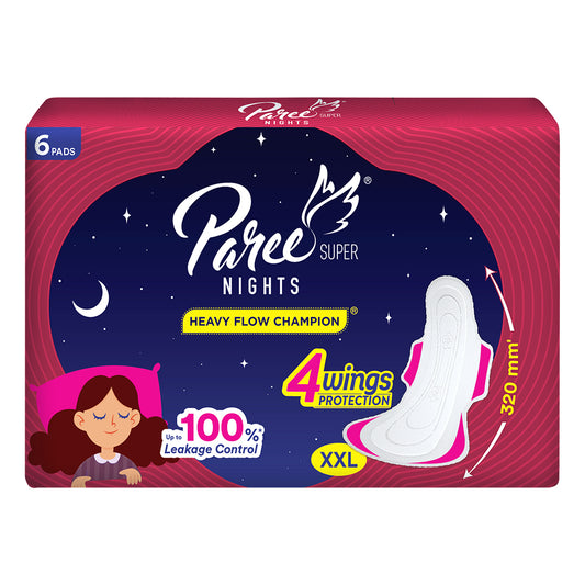 Paree Super Nights XXL 6 Soft Pads|Upto 100% All-Night Leakage Protection|Heavy Flow Champion|4 Wings Wider Back Coverage For No Stains|Sanitary Pads For Women with Disposable Wrapper
