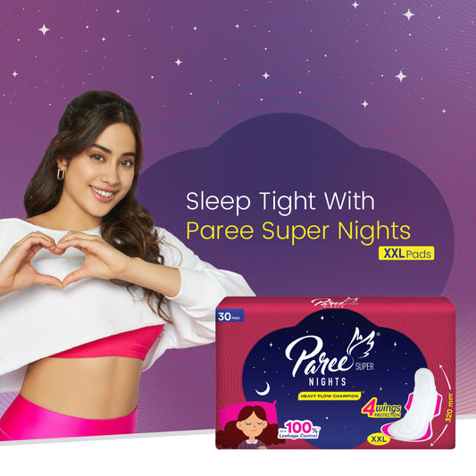 Paree Super Nights XXL 30 Soft Pads|Upto 100% All-Night Leakage Protection|Heavy Flow Champion|4 Wings Wider Back Coverage For No Stains|Sanitary Pads For Women with Disposable Wrapper