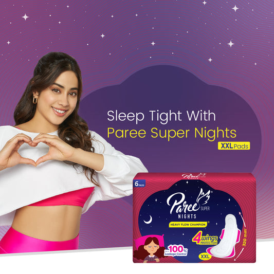 Paree Super Nights XXL 6 Soft Pads|Upto 100% All-Night Leakage Protection|Heavy Flow Champion|4 Wings Wider Back Coverage For No Stains|Sanitary Pads For Women with Disposable Wrapper