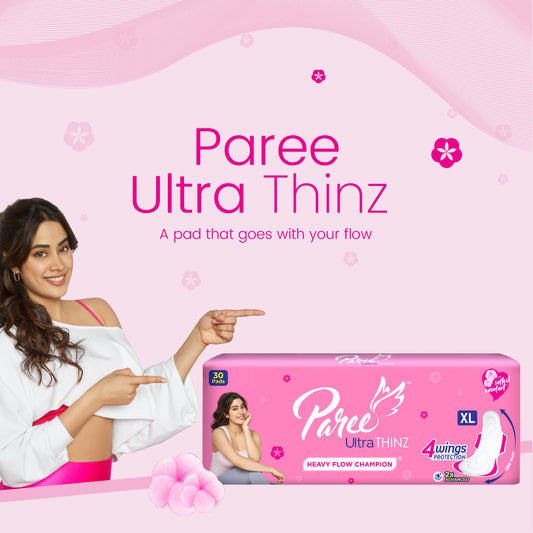 Paree Ultra Thinz XL 30 Soft Pads | 2X Advanced Absorption | Soft & Rash-Free Comfort | 4 Wings for Extra Coverage | Heavy Flow Champion Sanitary Pads for Women | Disposable  Wrapper