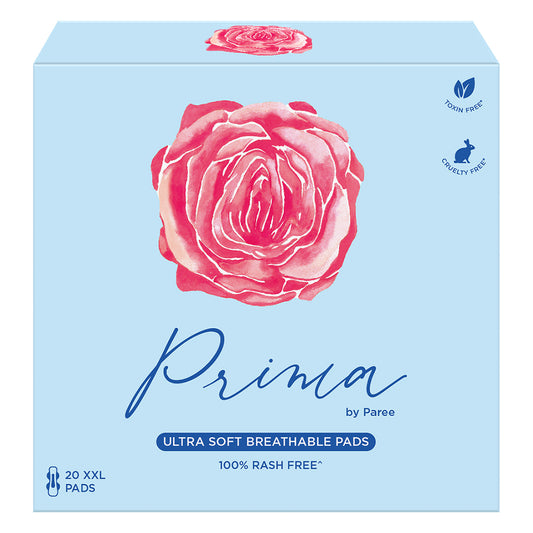 Prima by Paree 100% Rash Free XXL 20 Sanitary Pads | Petal Soft | Toxin Free | Breathable, Sweat Free Comfort | Ultra Thin Sanitary Pads for Women