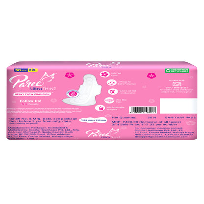 Paree Ultra Thinz XXL 30 Soft Pads | 2X Advanced Absorption | Soft & Rash-Free Comfort | 4 Wings for Extra Coverage | Heavy Flow Champion Sanitary Pads for Women | Disposable Wrapper