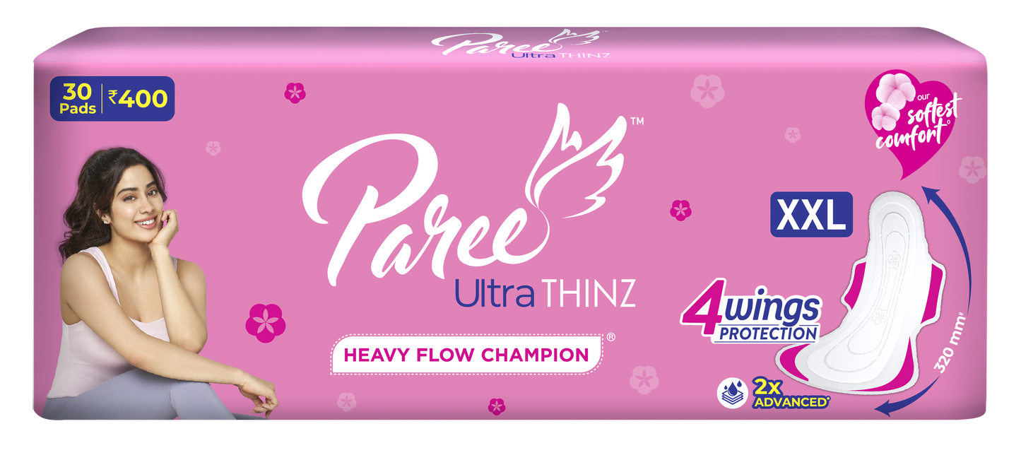 Paree Ultra Thinz XXL 30 Soft Pads | 2X Advanced Absorption | Soft & Rash-Free Comfort | 4 Wings for Extra Coverage | Heavy Flow Champion Sanitary Pads for Women | Disposable Wrapper