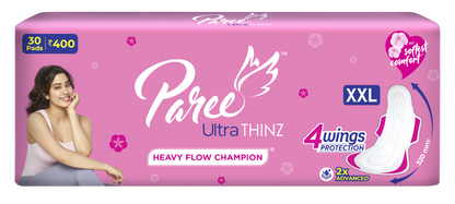 Paree Ultra Thinz XXL 30 Soft Pads | 2X Advanced Absorption | Soft & Rash-Free Comfort | 4 Wings for Extra Coverage | Heavy Flow Champion Sanitary Pads for Women | Disposable Wrapper