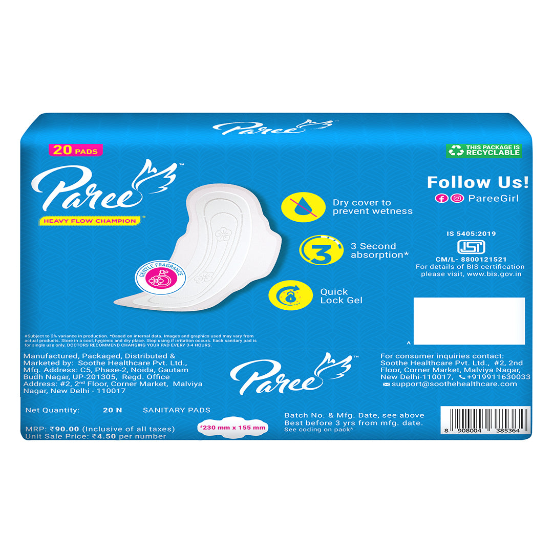 Paree Dry Regular 20 Pads | 3 Second Absorption | Dry Comfort | Mild Fragrance | Heavy Flow Sanitary Pads for Women