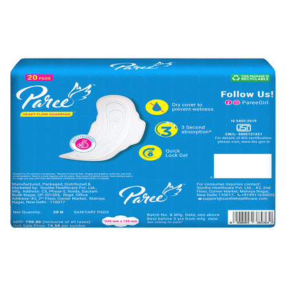 Paree Dry Regular 20 Pads | 3 Second Absorption | Dry Comfort | Mild Fragrance | Heavy Flow Sanitary Pads for Women