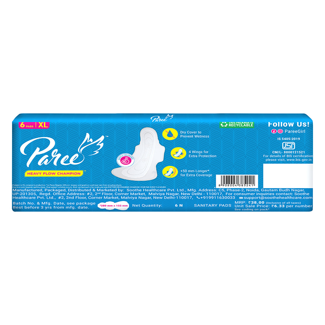 Paree Dry Comfort XL 6 Pads | Wider Back for Extra Coverage |Quick Absorption | Mild Fragrance|Heavy Flow Sanitary Pads for Women